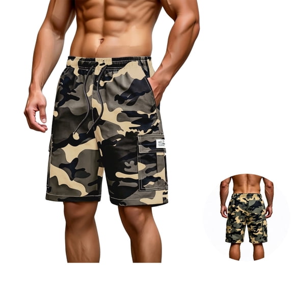 FOPSUFGWFO Men's Cargo Shorts Camo Elastic Mid Waist Drawstring Shorts Knee Length Daily Wear Outgoing Athletic Shorts With Pockets Khaki M