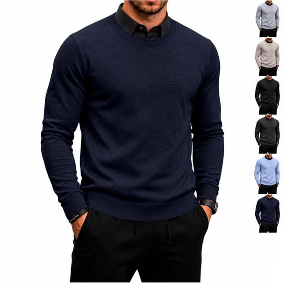 FOPSUFGWFO Men's Knit Sweaters 2 in 1 Crew Neck Sweatshirts With Shirt Collar Long Sleeve Pullover Tops for Business 3XL