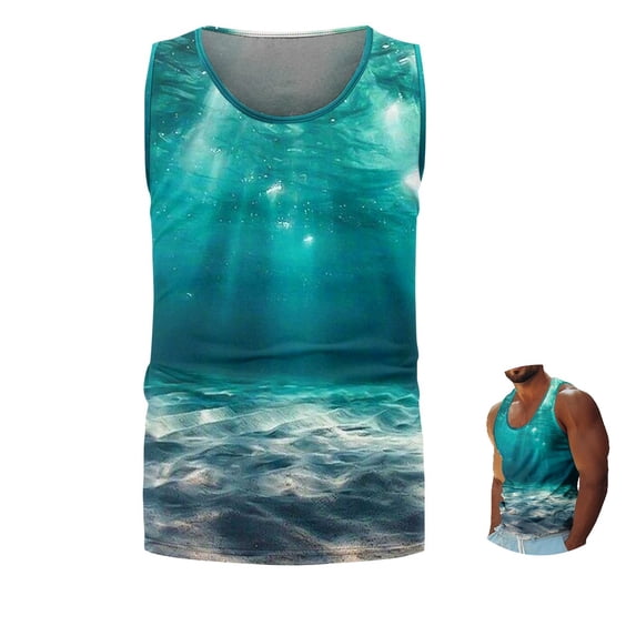FOPSUFGWFO Mens Tank Tops Hawaiian Soft Loose Fit Sleeveless Shirts Graphic Sea And Beath Print Lightweight Blouses For Male Vacation Dark Blue XL