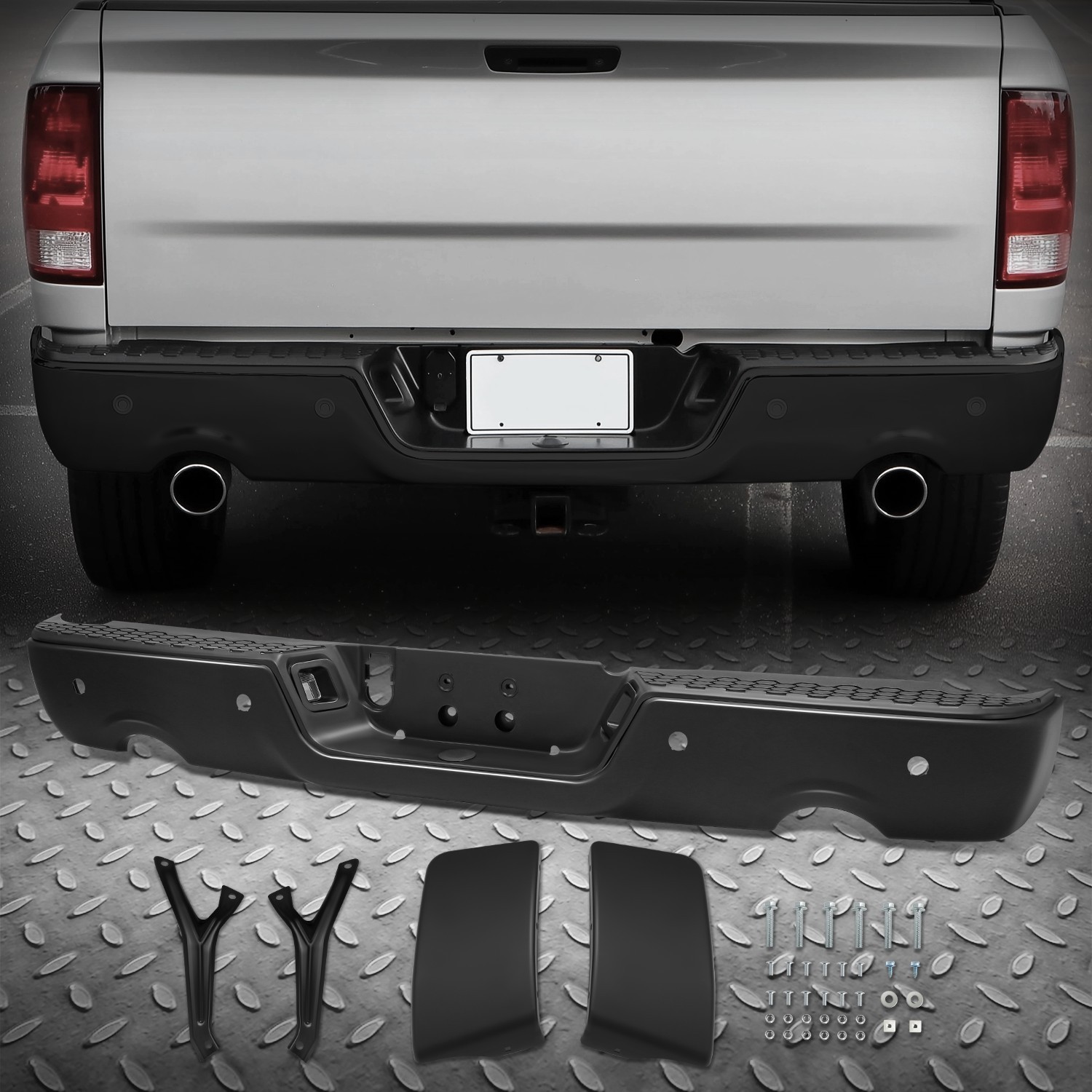PREENEX Chrome/Black Steel Rear Bumper For RAM 1500 2019-2023 – Single/Dual Exhaust, Direct Fit