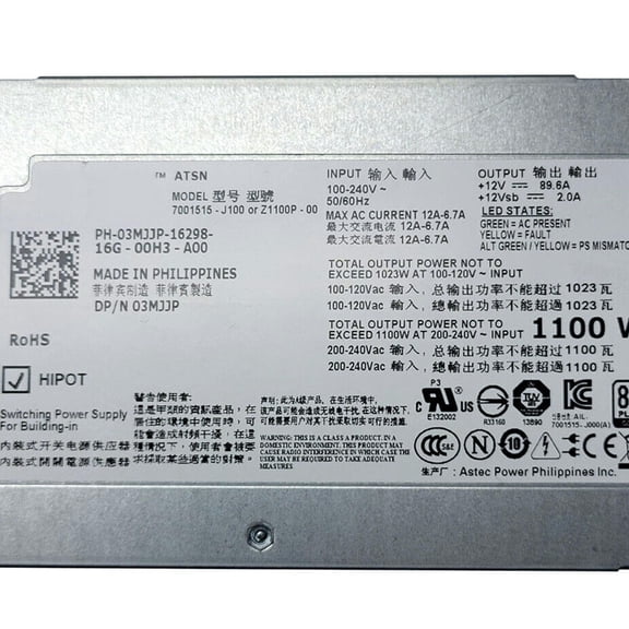 FOR 1100W 3MJJP for R510 R810 R910 T710 Server Switching Power Supply Module Z1100P-00 L1100A-S0 03MJJP