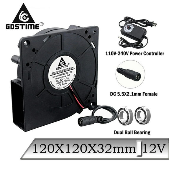 FOR 12V Ball 120mm 12032 Blower Fan BBQ DC Female 5.5x2.1mm + AC Power Controller 110v 120v 220v 240v Speed Control