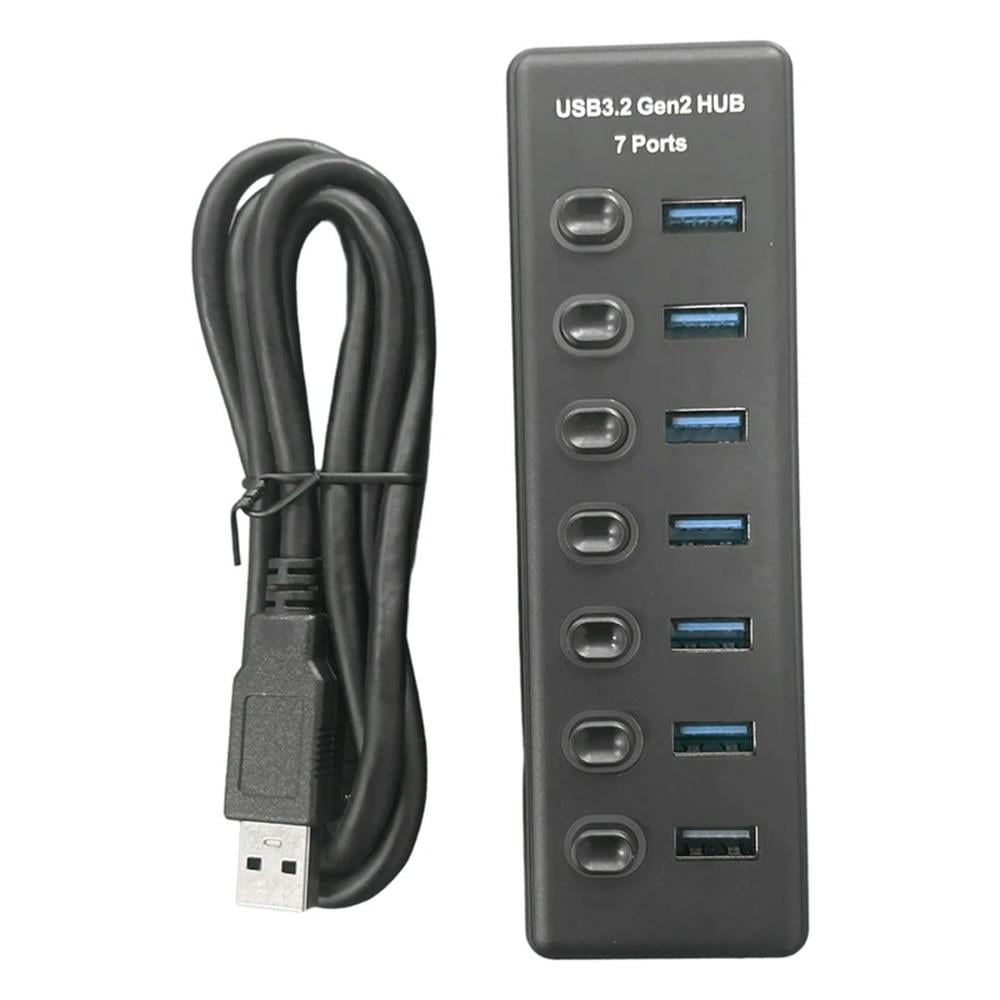 FOR 1PCS 7 Port USB3.2 Gen2 HUB 10Gbps USB 3.0 Hub With Individual Switch Control LED Indicator With Power Adapter US Plug