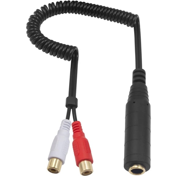 FOR 6.35mm 1/4 Stereo Female to 2x RCA Female Spiral Coiled Audio Y Splitter Adapter Cable 80cm