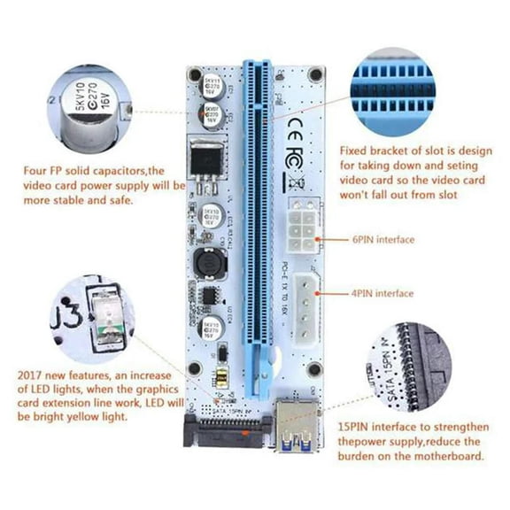 FOR 6PCS VER008S 3 In 1 Molex 4Pin SATA 6PIN PCIE PCI-E PCI Express Riser Card 1X To 16X USB 3.0 Cable For Mining