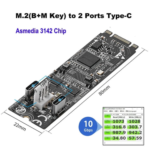 FOR Asm3142 M.2 to 2 Ports Type-c Host Controller Card USB 3.2 Gen2 10 Gbps USB C M.2 22x60 B Key M Key Data Transfer