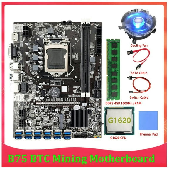 FOR B75 BTC Mining Motherboard 12 PCIE to USB A1155 DDR3 4GB 1600Mhz RAM+G1620 CPU+SATA Cable B75 ETH Miner Mining
