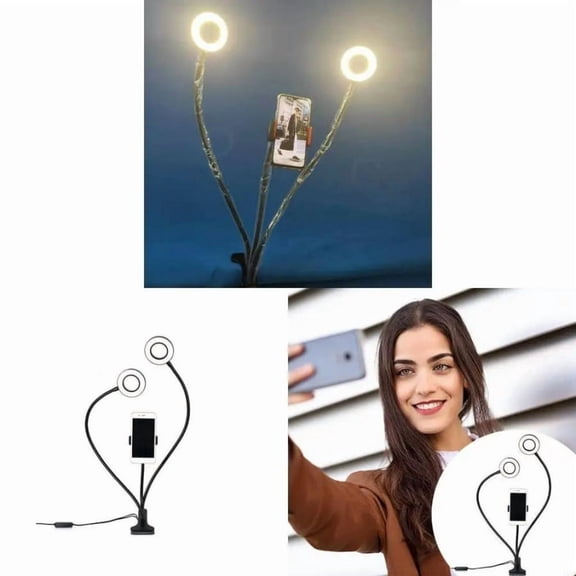 FOR Clamps on Selfie Rings Light with Ph Stand Desk Double Rings Light with 3 Lighting Color for Laptops, Computer