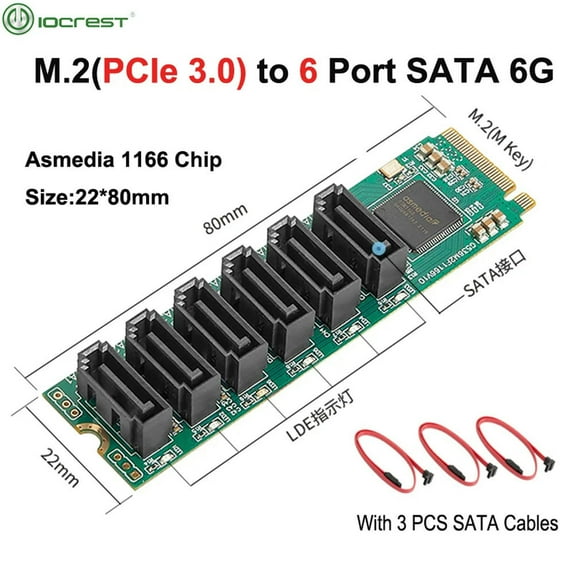 FOR M.2 (PCIe 3.0) to 6 Ports SATA III 6G SSD Adapter with 3 SATAIII Cable PCIe Gen3x2 Non-RAID 1166
