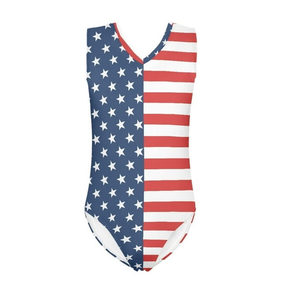 FOR U DESIGNS 11-12T Girls One Piece Bathing Suit USA Flag Sleeveless Swimsuit for Swimming Surfing Elastic Kids V-Neck Dancing Gymnastics Leotard
