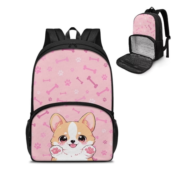 FOR U DESIGNS Adorable Lunch Backpack for Women Girls Elementary Middle School Bookbag with Lunch Bag Outdoor Daily Daypack Corgi Dog Paw School Bag, Pink