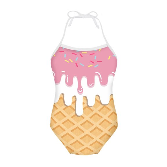 FOR U DESIGNS Adorable One Piece Halter Swimsuit Juniors Ice Cream Kids Girls Sleeveless Swimwear for Age 1-2 Fashion Off Shoulder Bathing Suit