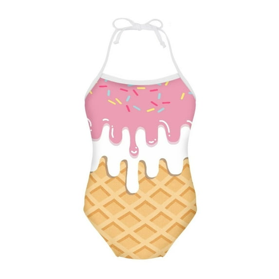 FOR U DESIGNS Adorable One Piece Halter Swimsuit Juniors Ice Cream Kids Girls Sleeveless Swimwear for Age 9-10 Fashion Off Shoulder Bathing Suit