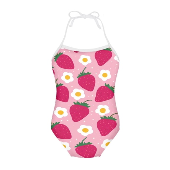 FOR U DESIGNS Adorable Pink Girls Bathing Suit Size 5-6 Years Daisy Strawberry Halter Swimwear for Swimming Surfing Quick Dry One Piece Swimsuit