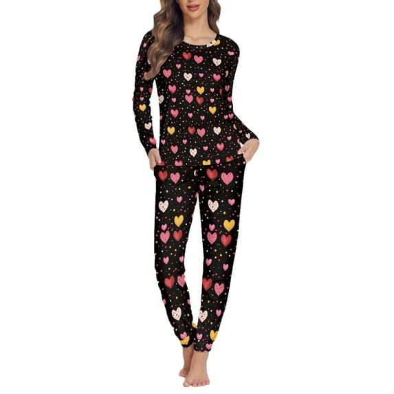 FOR U DESIGNS Aestheic Heart Pajama Sets for Women 2 Piece Long Sleeve and Pants Size 2XL Nightwear Long Crew Neck Tops Comfortable Jogger Sleepwear for Women Winter