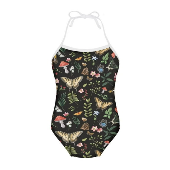 FOR U DESIGNS Aesthetic Halter Swimsuit Girls Kids Teens Casual Off Shoulder Bathing Suit Size 1-2T Butterfly Mushroom One Piece Swimwear