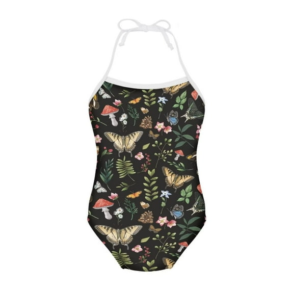 FOR U DESIGNS Aesthetic Halter Swimsuit Girls Kids Teens Casual Off Shoulder Bathing Suit Size 7-8 Butterfly Mushroom One Piece Swimwear
