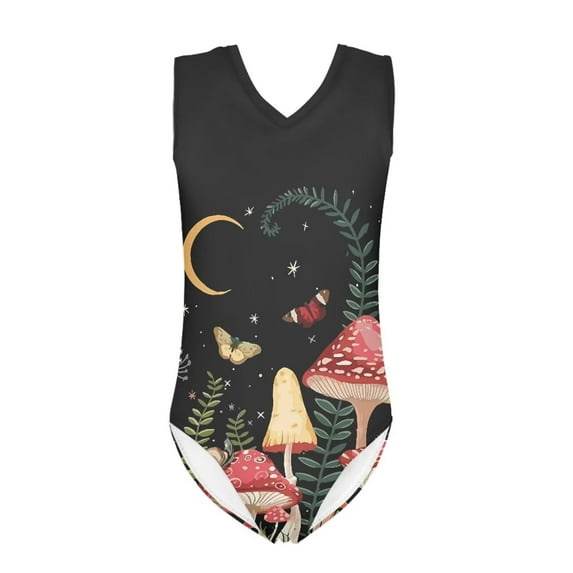 FOR U DESIGNS Aesthetic Mushroom Sleeveless Swimsuit One Piece Swimwear for 7-8 Years Old Quick Dry V-Neck Swimwear Bathing Suit for Kids Teens Girl