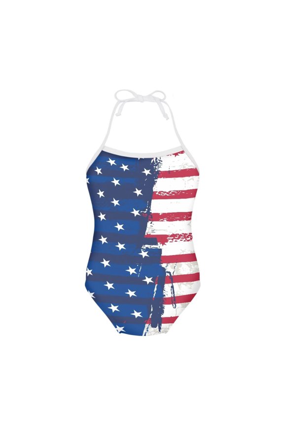 FOR U DESIGNS American Flag Sleeveless Bathing Suit Quick Dry One Piece Swimsuit for Girls 9-10 Years Dance Ballet Gymnastics Leotard, 4th of July