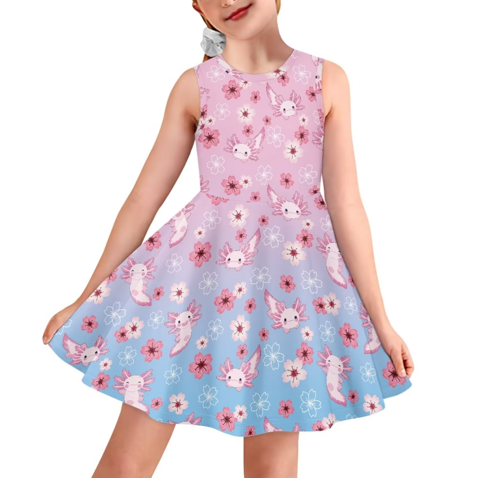 FOR U DESIGNS Axolotl Cherry Blossom Summer Dresses for Teens Outdoor Activities Sundress Party Clothes 7-8 Years Old Kids Girls Casual Sleeveless Skater Dresses