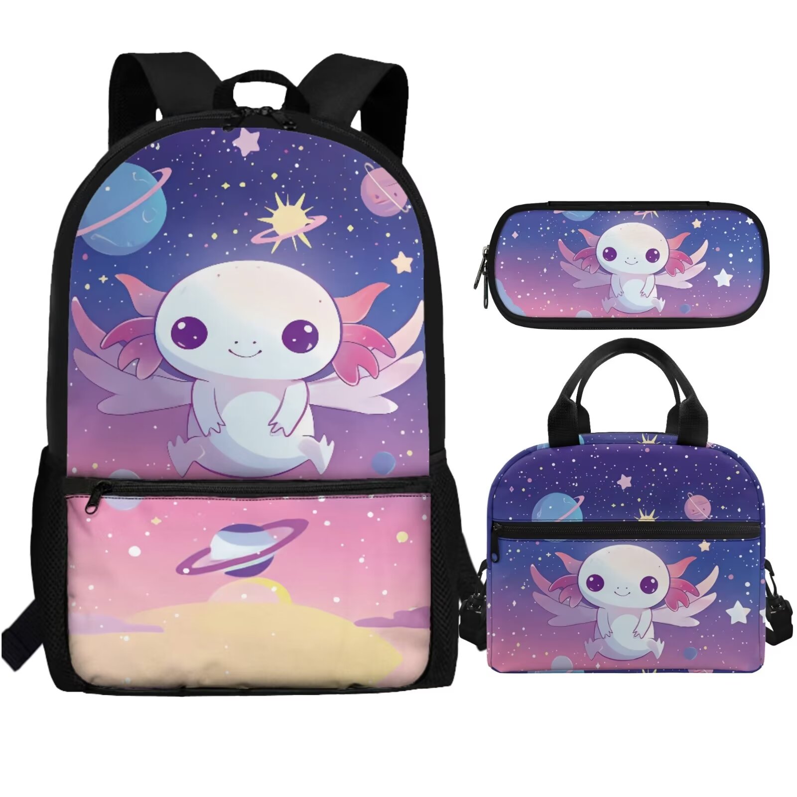 FOR U DESIGNS Axolotl Girls Bookbag and Lunch Box Set of 3 Elementary