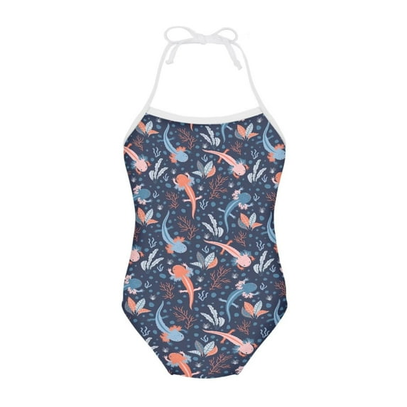 FOR U DESIGNS Axolotl Halter Neck Swimwear for Surfing Swimming Quick Dry Beach Swim Bathing Suit for 5-6 Years Little Girls Comfy One Piece Swimsuit
