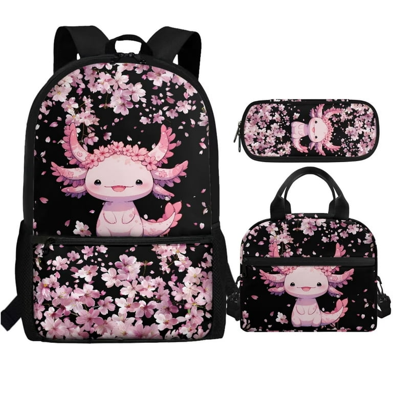 FOR U DESIGNS Axolotl Kids Backpack and Lunch Box Set Girls 8 10 Years Old Cherry Blossom Book Bags with Lunch Bag Pen Case 3 in 1