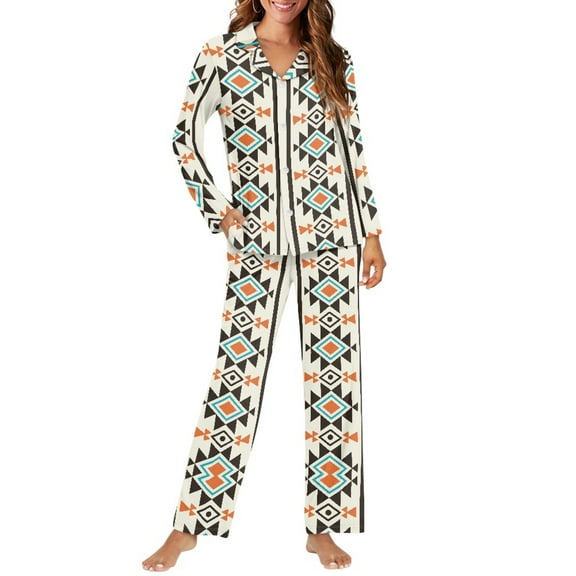 FOR U DESIGNS Aztec Tribal Pajama Sets for Women 2 Piece Button Down Long Sleeve Button Up Pajamas Long V-neck for Women Size XS Jogger Loungewear with Pockets