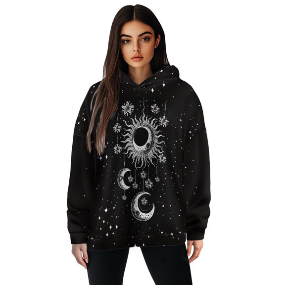 FOR U DESIGNS Black Galaxy Womens Hooded Sweatshirt Loose Pullover Casual Hoodies Size S Ladies Hoodie Oversized Sweatshirts Long Sleeve Comfortable Sportswear for Women