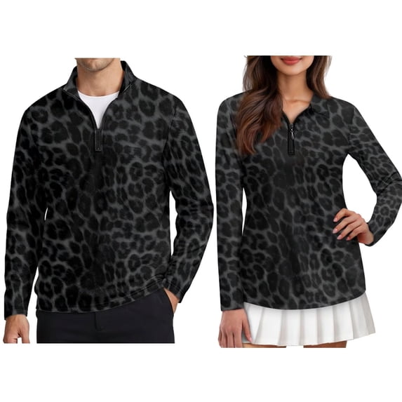 FOR U DESIGNS Black Leopard Print Long Sleeve Golf Tops for Couples 1/4 Zip Matching Quick Dry Moisture Wicking Polo Shirts Outfits