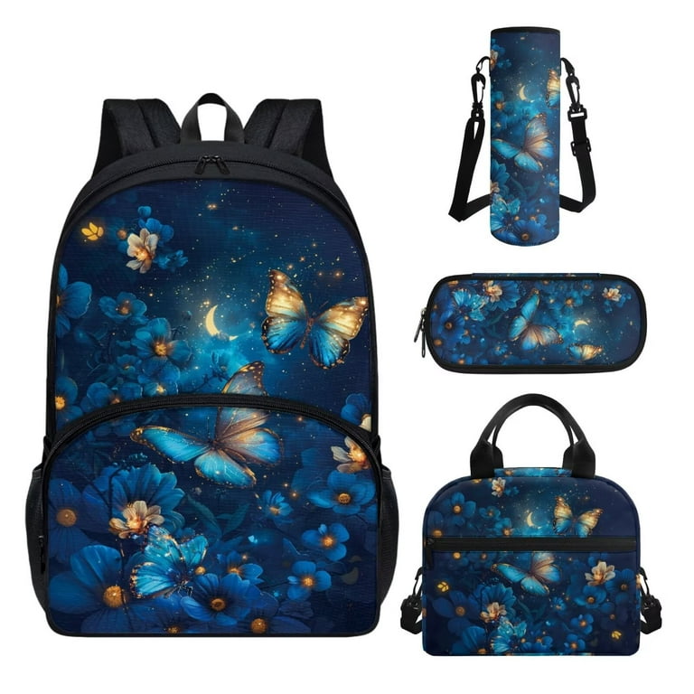 FOR U DESIGNS Blue Butterfly Bookbag and Lunch Box Set of 4 Floral Book Bags for Girls Preschool Backpack with Lunch Bag and Pencil Case Water Bottle