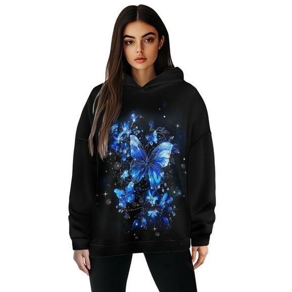 FOR U DESIGNS Blue Butterfly Women's Hoodies Sweatshirts Cute Long Sleeve Tops Loose Pullover Shirts Size 2XL Ladies Hooded Pullover Sweatshirt Comfortable Hoodie