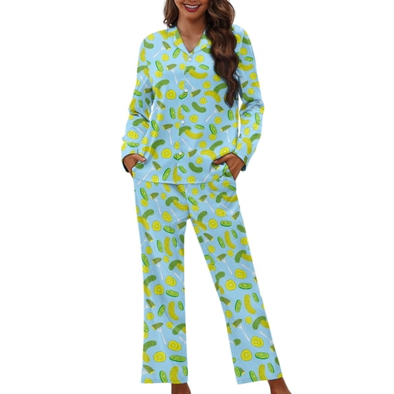 FOR U DESIGNS Blue Cucumber Pajama Sets for Women 2 Piece Button Up V-neck Tops Size S Button Down Night Shirts for Women Sleepwear Long Sleeve Pants Jogger Loungewear