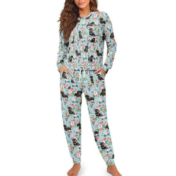 FOR U DESIGNS Blue Dachshund Long Sleeve Pajama Set for Women with Pockets 2 Pack Size M Women's Drawstring Pajama Pants for Women Sleepwear Night Loungewear