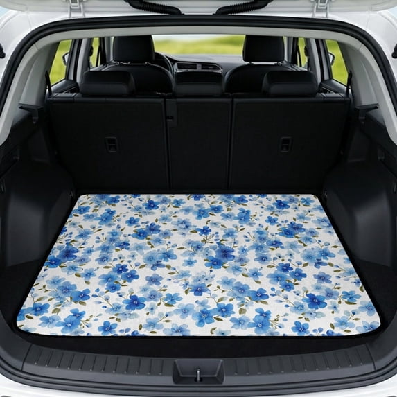 FOR U DESIGNS Blue Flower Print All Weather Car Trunk Mat Non-Slip Stylish Cargo Liner Heavy Duty Durable Rear Trunk Protection for Most Vehicles