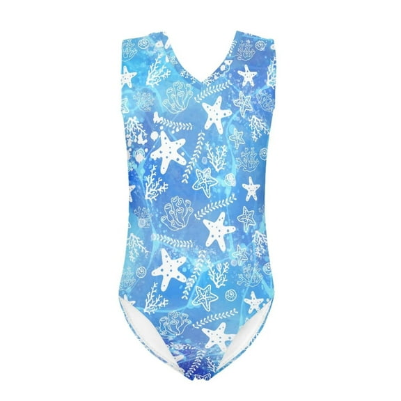 FOR U DESIGNS Blue Ocean Theme Girls Swimming One-Piece Swimsuit Size 7-8 Years Starfish Coral Summer Bathing Suit Quick Dry Sleeveless Swimwear