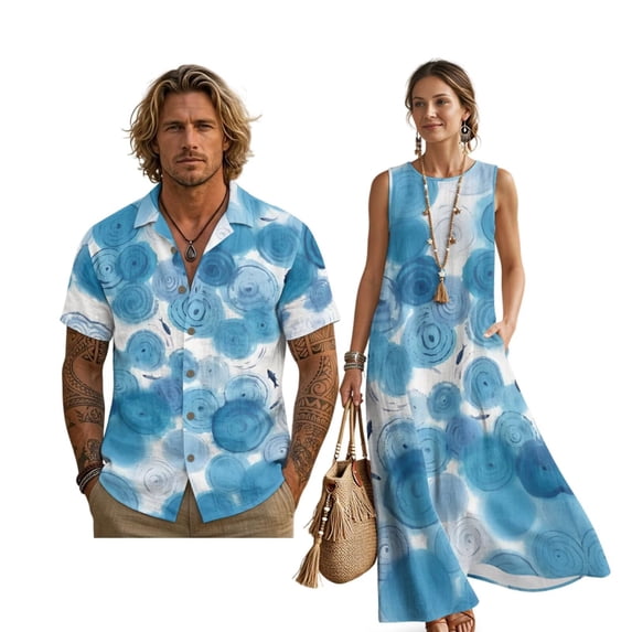 FOR U DESIGNS Blue Tie Dye Print Matchable Couple Outfit Matching Clothes Set Linen-Style Men Button Down Shirt Sleeveless Maxi Dress with Pockets