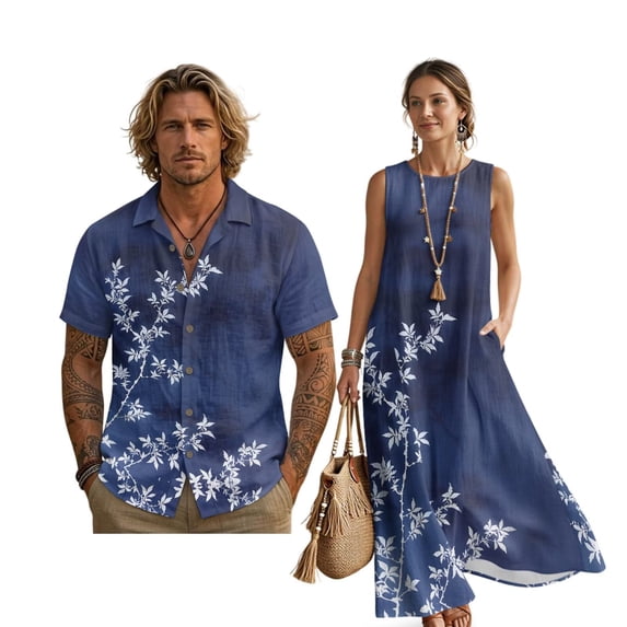 FOR U DESIGNS Blue Tree Leaf Print Matchable Couple Outfits Linen-Like Button Down Shirt or Sleeveless Dress with Pockets for Parties Wedding Date
