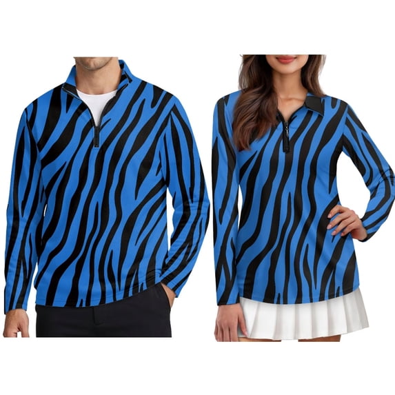 FOR U DESIGNS Blue Zebra Stripe Print Couple Matching Golf Polo Shirts Long Sleeve 1/4 Zip Golf Shirt Quick Dry His and Hers Outfits for Men Women
