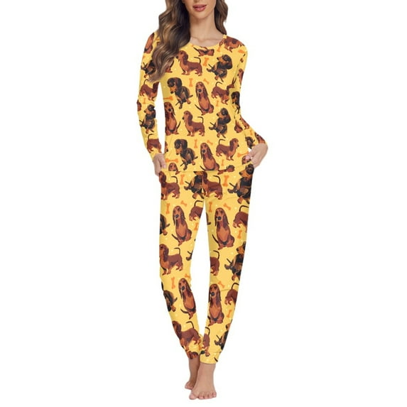 FOR U DESIGNS Bone Dachshund Pajamas for Women Set 2 Piece Sleepwear Long Sleeve Pants Size XL Loungewear for Women Nightwear Long Crew Neck Tops Ladies Jogger