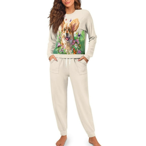 FOR U DESIGNS Butterfly Corgi Pajama Sets for Women 2 Piece Long Sleeve Crew Neck Tops and Pants with Drawstring Size 2XL Sleepwear Comfortable Nightwear for Women