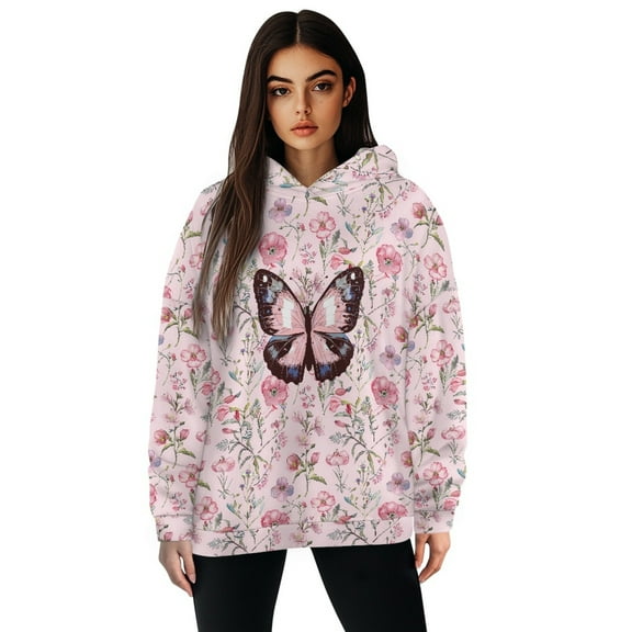 FOR U DESIGNS Butterfly Flower Women's Oversized Hoodie Loose Fit Soft Pullover Hooded Sweatshirt Size L Long Sleeve Hoodies for Women with Designs Polyester Fall