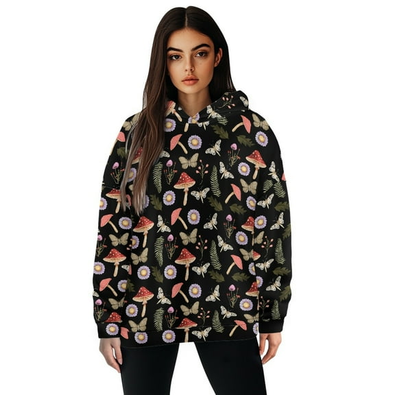 FOR U DESIGNS Butterfly Mushroom Hoodie Oversized Long Sleeve Loose Pullover Sweatshirt for Women Size L Activewear Tops for Women Loose Fit Hoodies Comfortable Hooded
