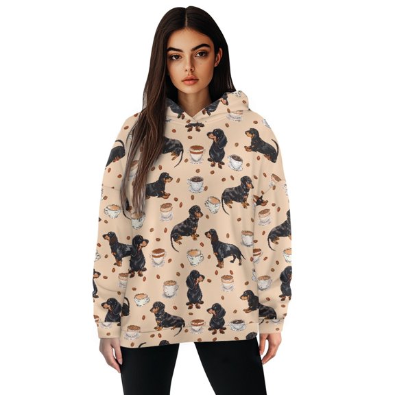 FOR U DESIGNS Cafe Dachshund Women's Oversized Hoodie Loose Fit Soft Pullover Hooded Sweatshirt Size 2XL Long Sleeve Graphic Hoodies for Women Trendy Fall