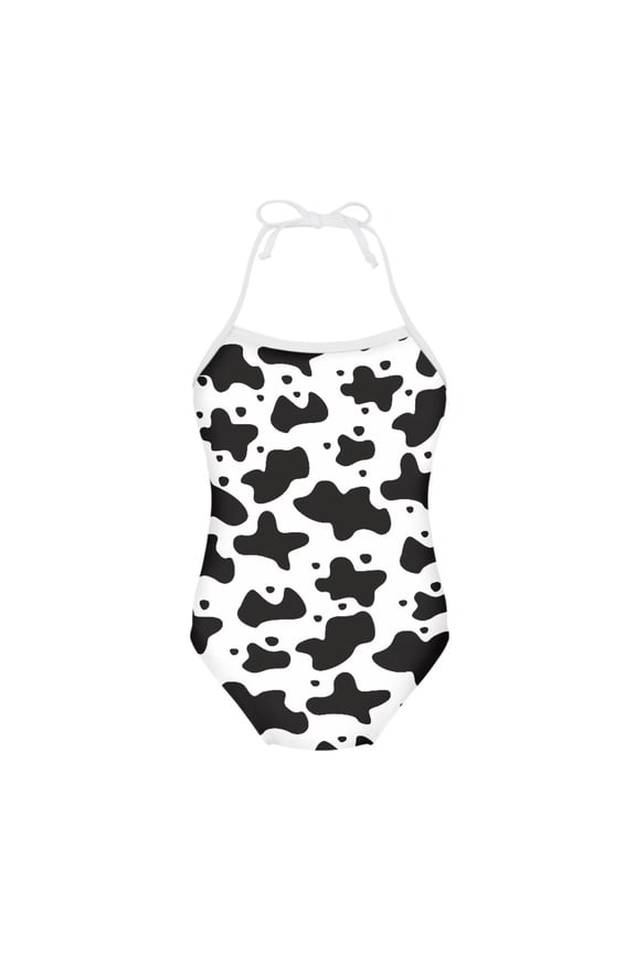 FOR U DESIGNS Casual One Piece Swimsuit Leotards Cow Print Girls Halter Neck Bathing Suit Kids Beach Party Hawaiian Swimwear Size 9-10 Years