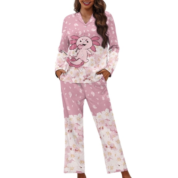 FOR U DESIGNS Cherry Axolotl Pajama Sets for Women 2 Piece Button Down Long Sleeve Button Pajama Tops for Women Size XS Button Up Pajamas Pants for Women Winter