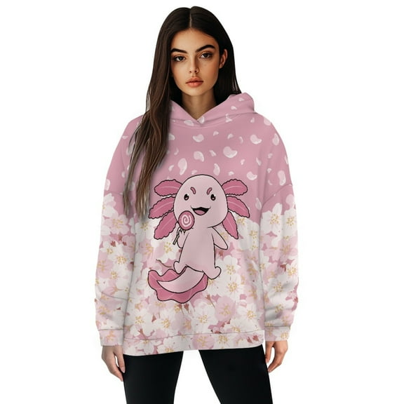 FOR U DESIGNS Cherry Axolotl Women's Hoodies Sweatshirts Cute Long Sleeve Tops Loose Pullover Shirts Size L Ladies Hooded Pullover Sweatshirt Comfortable Hoodie