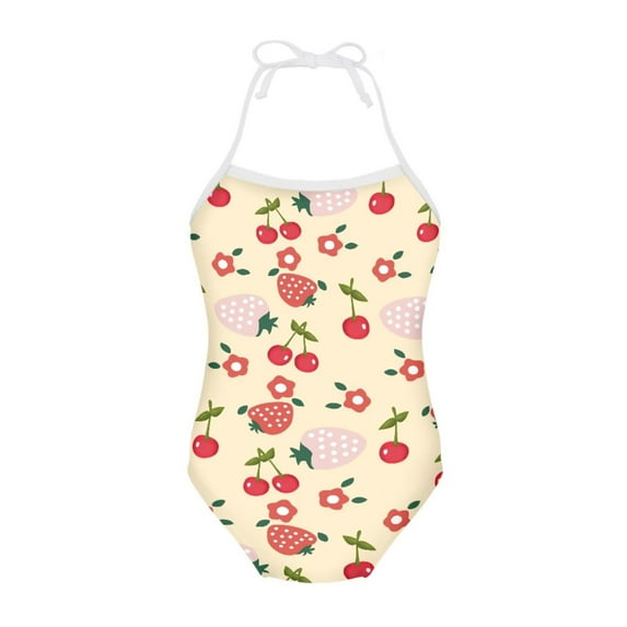 FOR U DESIGNS Cherry Strawberry Girls Halter Swimsuit One Piece Size 7-8 Years Fashion Quick Dry Beach Sport Halter Swimwear Kids Summer Bathing Suit