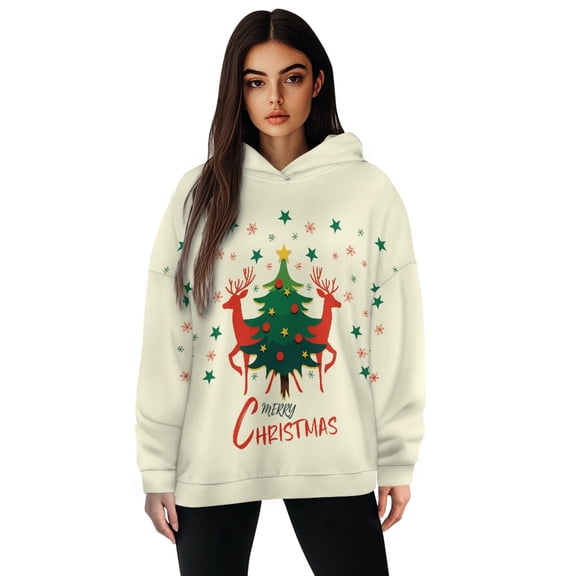 FOR U DESIGNS Christmas Deer Oversized Hoodies Sweatshirts Hooded Pullover for Women Size L Long Sleeve Activewear Tops for Women Loose Fit Hoodie Tunic Winter