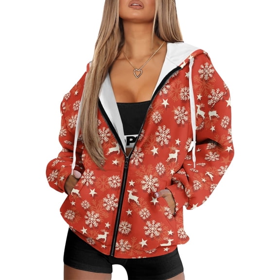 FOR U DESIGNS Christmas Deer Oversized Zip Up Hoodie for Women Sweatshirts for Women Loose Fit Hoodies Size XS Ladies Lightweight Zipper Down-Shoulder Collar Hooded Winter